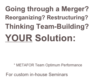Going through a Merger?
Reorganizing? Restructuring?
Thinking Team-Building?
YOUR Solution:


* METAFOR Team Optimum Performance

For custom in-house Seminars click here  